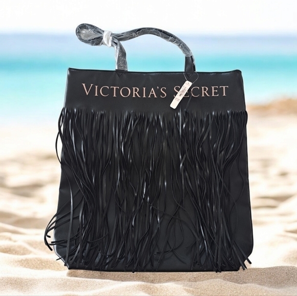 Victoria's Secret Handbags - Victoria's Secret new with tag black tote bag with fringe faux leather